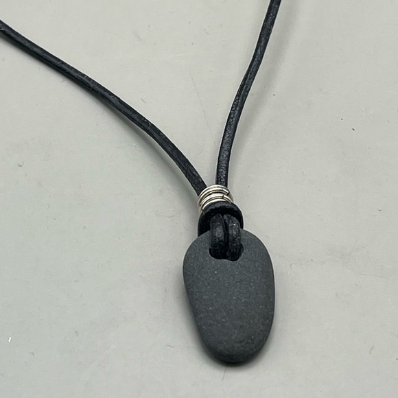 Handmade Jewelry - Black Beach Stone Pendant on Leather Cord-Beach Found Natural Elegance Statement